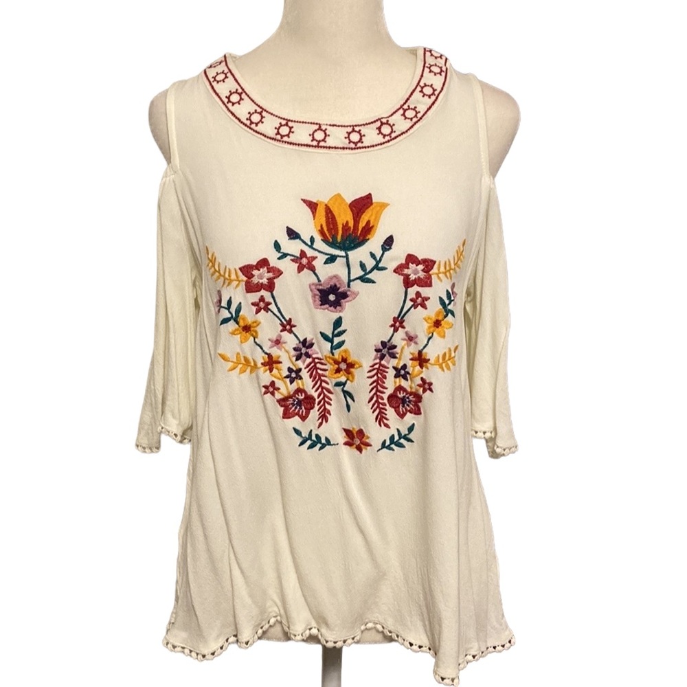 ODDI boho Embroidered cold shoulder boho gypsy top